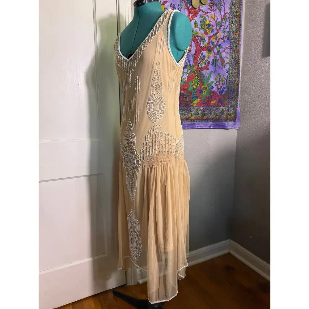 Together Beaded Midi Dress Nude Art Deco Gatsby 1920s Style Mesh Formal - Size 8